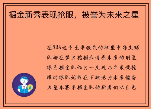 掘金新秀表现抢眼，被誉为未来之星